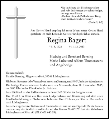 Todesanzeige von Regina Bagert von Westfälische Nachrichten