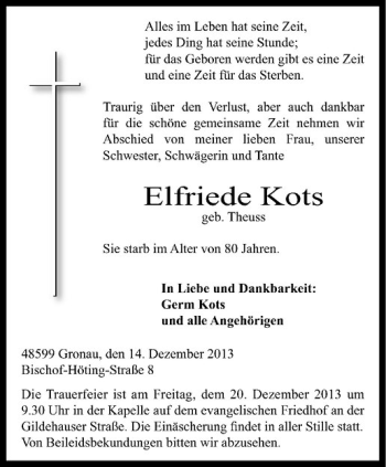 Todesanzeige von Elfriede Kots von Westfälische Nachrichten