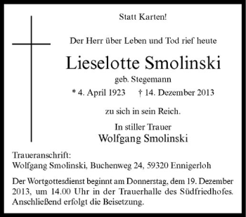 Todesanzeige von Lieselotte Smolinski von Westfälische Nachrichten