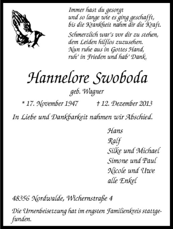 Todesanzeige von Hannelore Swoboda von Westfälische Nachrichten