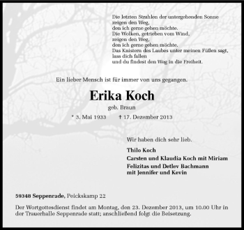 Todesanzeige von Erika Koch von Westfälische Nachrichten
