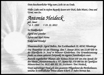 Todesanzeige von Antonia Heideck von Westfälische Nachrichten