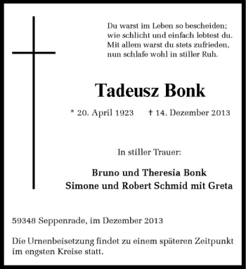 Todesanzeige von Tadeusz Bonk von Westfälische Nachrichten