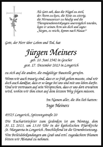 Todesanzeige von Jürgen Meiners von Westfälische Nachrichten