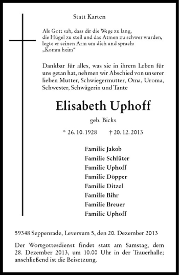 Todesanzeige von Elisabeth Uphoff von Westfälische Nachrichten