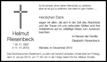 Todesanzeige von Helmut Riesenbeck von Westfälische Nachrichten