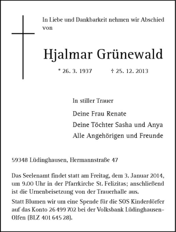 Todesanzeige von Hjalmar Grünewald von Westfälische Nachrichten