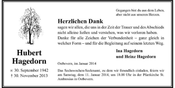 Todesanzeige von Hubert Hagedorn von Westfälische Nachrichten