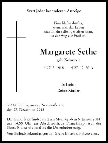 Todesanzeige von Margarete Sethe von Westfälische Nachrichten