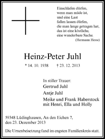 Todesanzeige von Heinz-Peter Juhl von Westfälische Nachrichten
