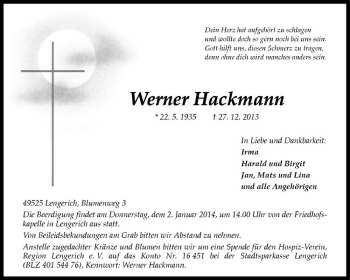 Todesanzeige von Werner Hackmann von Westfälische Nachrichten