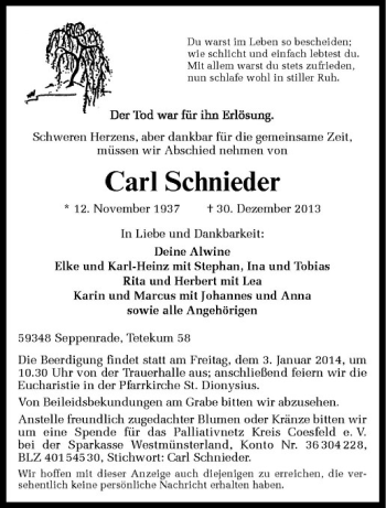 Todesanzeige von Carl Schnieder von Westfälische Nachrichten