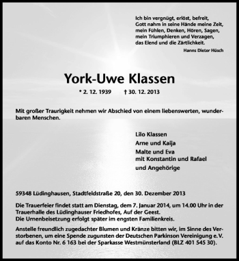 Todesanzeige von York-Uwe Klassen von Westfälische Nachrichten