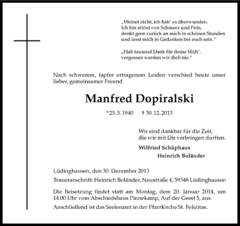 Todesanzeige von Manfred Dopiralski von Westfälische Nachrichten