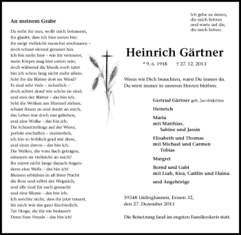 Todesanzeige von Heinrich Gärtner von Westfälische Nachrichten