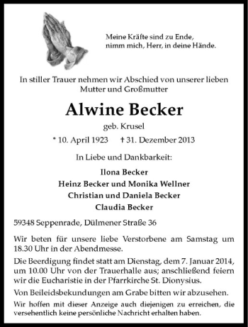 Todesanzeige von Alwine Becker von Westfälische Nachrichten