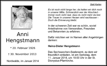 Todesanzeige von Anni Hengstmann von Westfälische Nachrichten