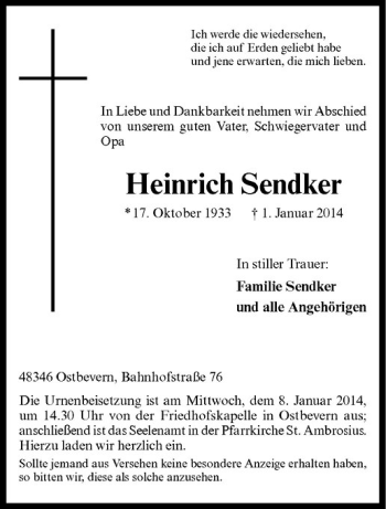 Todesanzeige von Heinrich Sendker von Westfälische Nachrichten