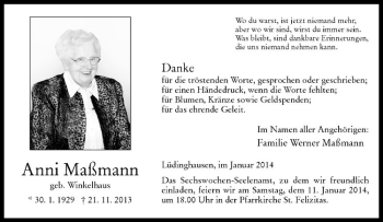 Todesanzeige von Anni Maßmann von Westfälische Nachrichten