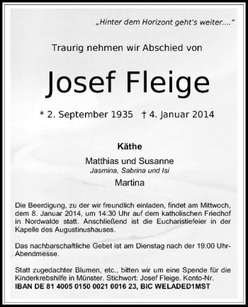 Todesanzeige von Josef Fleige von Westfälische Nachrichten