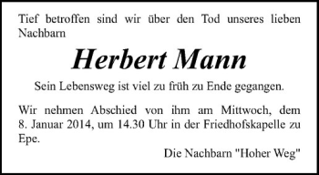 Todesanzeige von Herbert Mann von Westfälische Nachrichten