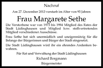 Todesanzeige von Margarete Sethe von Westfälische Nachrichten