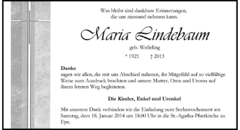 Todesanzeige von Maria Lindenbaum von Westfälische Nachrichten