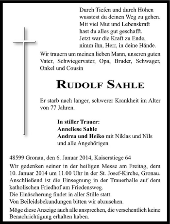 Todesanzeige von Rudolf Sahle von Westfälische Nachrichten