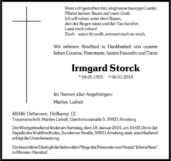 Todesanzeige von Irmgard Storck von Westfälische Nachrichten