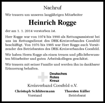 Todesanzeige von Heinrich Rogge von Westfälische Nachrichten