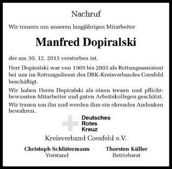 Todesanzeige von Manfred Dopiralski von Westfälische Nachrichten