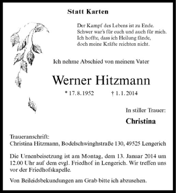 Todesanzeige von Werner Hitzmann von Westfälische Nachrichten