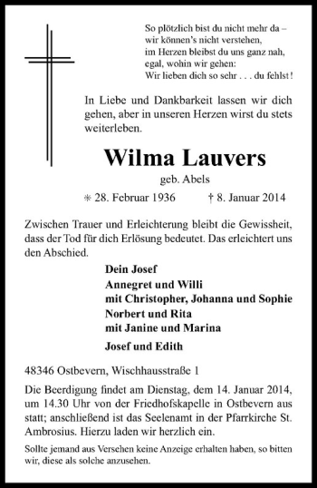 Todesanzeige von Wilma Lauvers von Westfälische Nachrichten