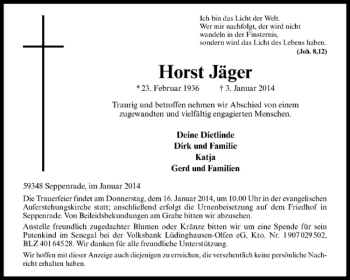 Todesanzeige von Horst Jäger von Westfälische Nachrichten