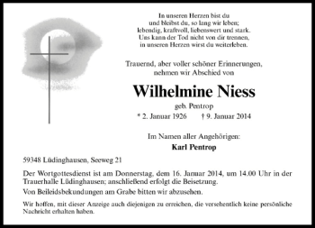 Todesanzeige von Wilhelmine Niess von Westfälische Nachrichten