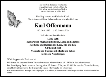 Todesanzeige von Karl Offermann von Westfälische Nachrichten