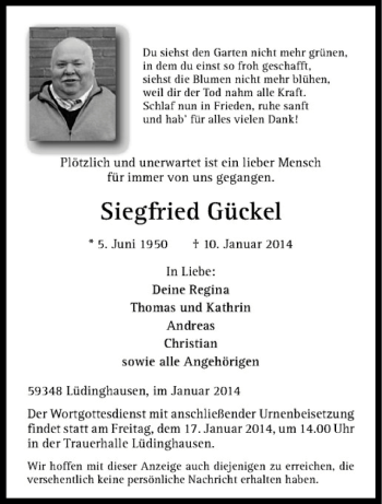 Todesanzeige von Siegfried Gückel von Westfälische Nachrichten