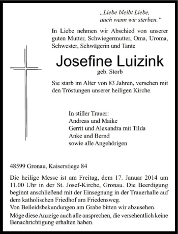 Todesanzeige von Josefine Luizink von Westfälische Nachrichten