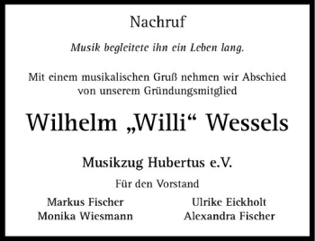 Todesanzeige von Wilhelm Wessels von Westfälische Nachrichten