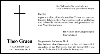 Todesanzeige von Theo Graen von Westfälische Nachrichten