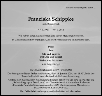 Todesanzeige von Franziska Schippke von Westfälische Nachrichten