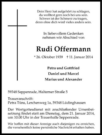 Todesanzeige von Rudi Offermann von Westfälische Nachrichten