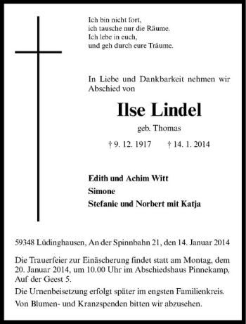 Todesanzeige von Ilse Lindel von Westfälische Nachrichten