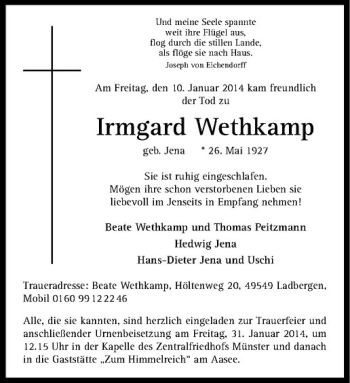 Todesanzeige von Irmgard Wethkamp von Westfälische Nachrichten