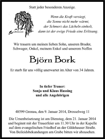 Todesanzeige von Björn Bork von Westfälische Nachrichten