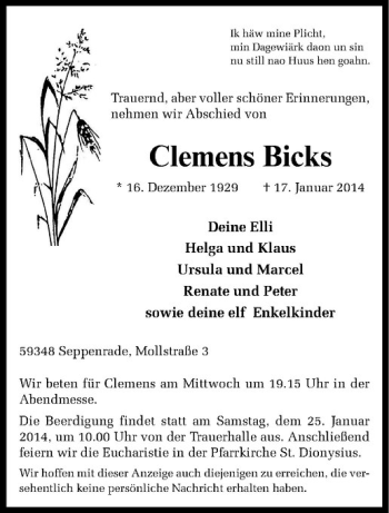 Todesanzeige von Clemens Bicks von Westfälische Nachrichten