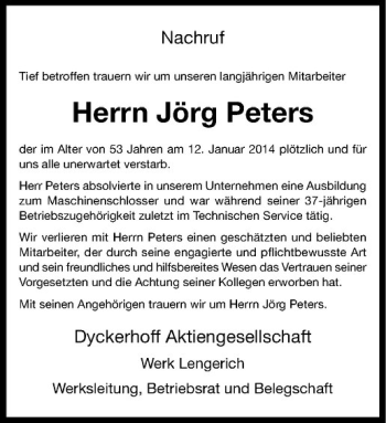 Todesanzeige von Jörg Peters von Westfälische Nachrichten