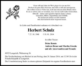Todesanzeige von Herbert Schulz von Westfälische Nachrichten
