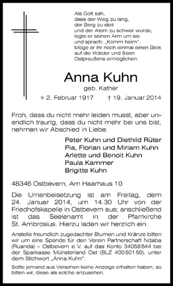 Todesanzeige von Anna Kuhn von Westfälische Nachrichten