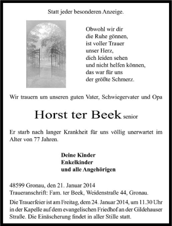 Todesanzeige von Horst ter Beek von Westfälische Nachrichten